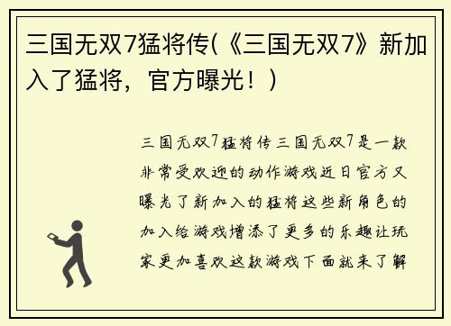 三国无双7猛将传(《三国无双7》新加入了猛将，官方曝光！)